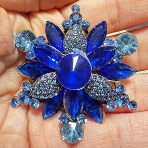 Floral Snowflake Rhinestone Statement Brooch Vintage Blue Pin 2”